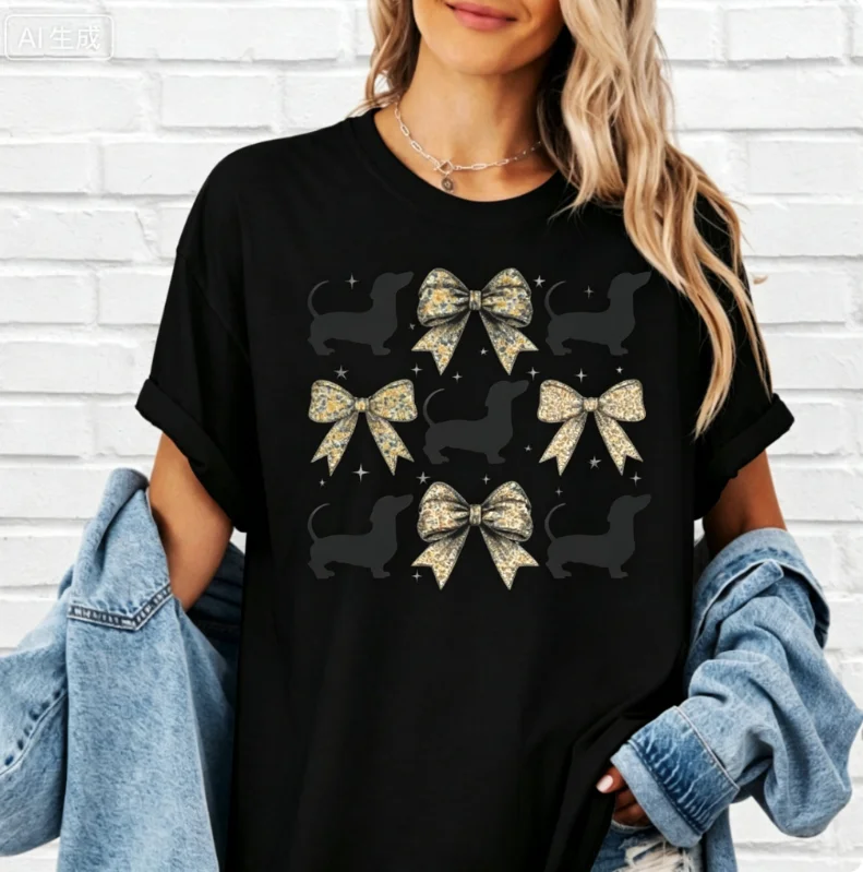 Cute Floral Bow & Dachshund Graphic Short-Sleeve T-shirt Coquette Wiener Dog Casual White Top Girly Versatile Crew Neck Tee