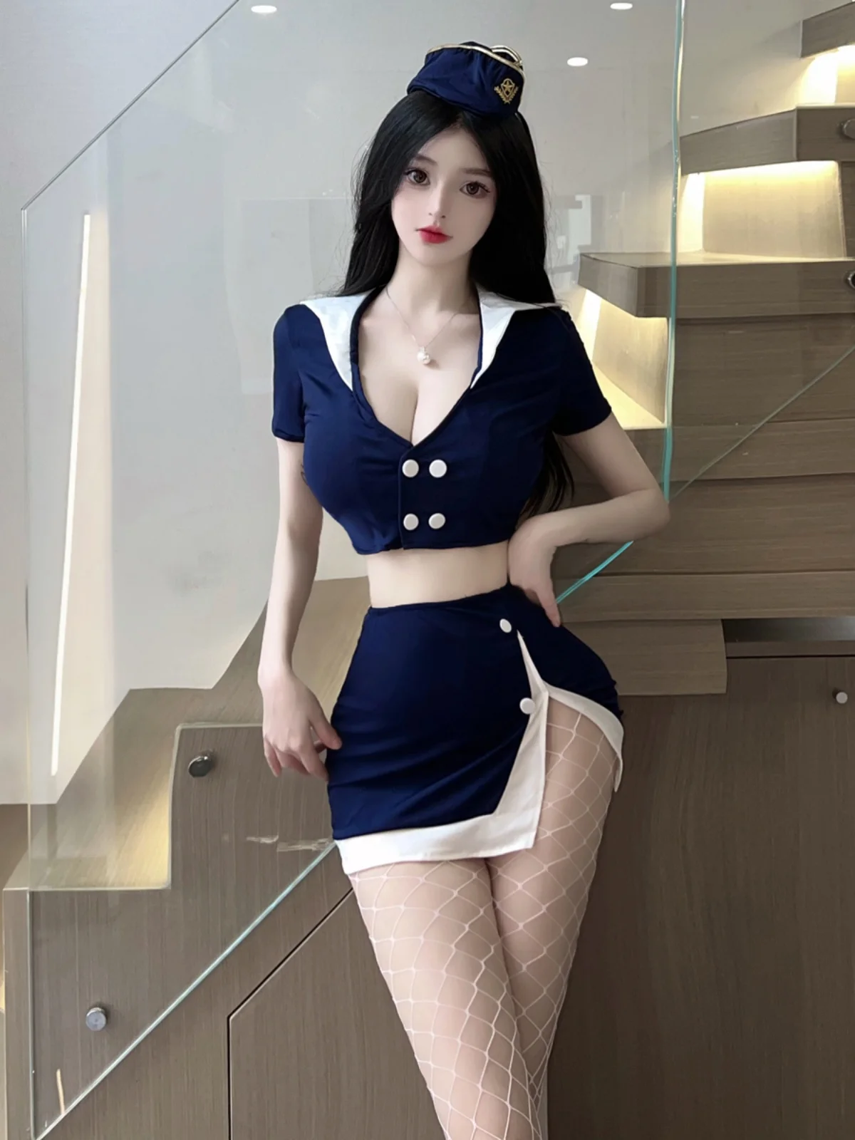 

Sexy Air Steward orm Set with Hat Top And ort Skirt Pure Desire Night Club Attraction Faionable Two-Piece Women's ...