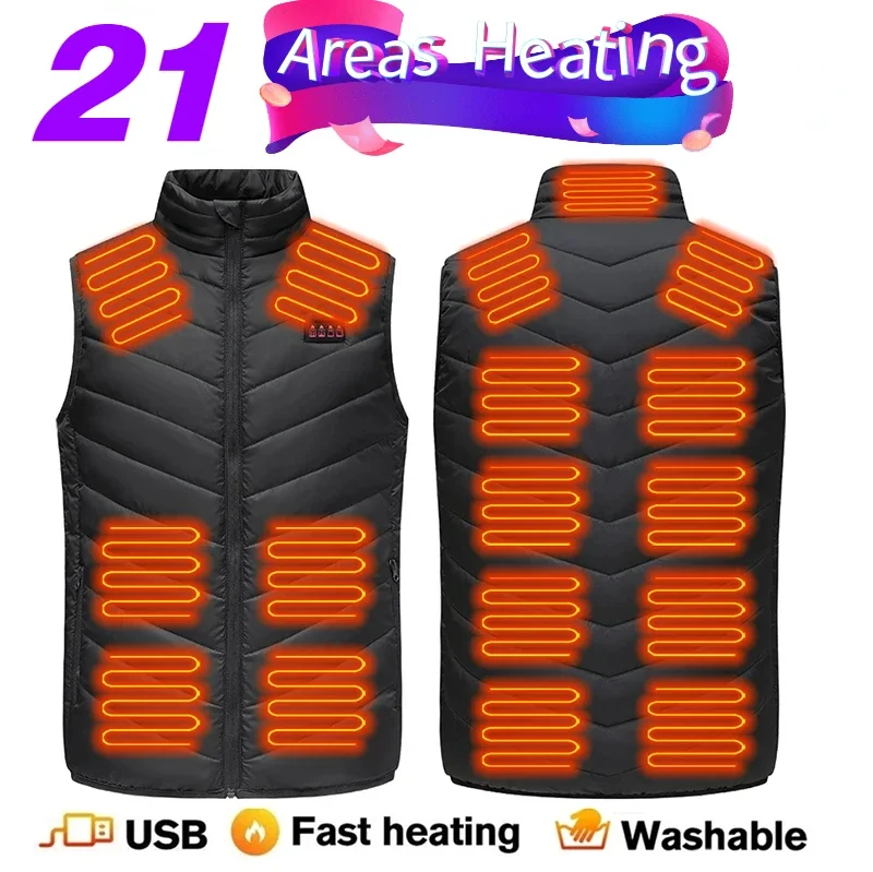 New 21 Areas Heating Vest Men\'s USB Infrared Heated Jacket Smart Self-heating Clothes Snow Lightweight Down Cotton Padded Vest