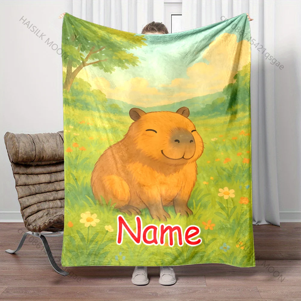 

Одеяло с именем по индивидуальному заказу, милое мягкое одеяло с принтом капибары для дома, дивана, офиса, путешествий, кемпинга, пикника, автофургона, детский праздничный подарок