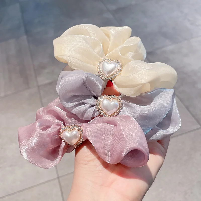 Fashion Rhinestone Square Hair Rope Elegant Heart Flower Yarn Hairband For Women Girls Headband Scrunchies Hair Accessories Gift