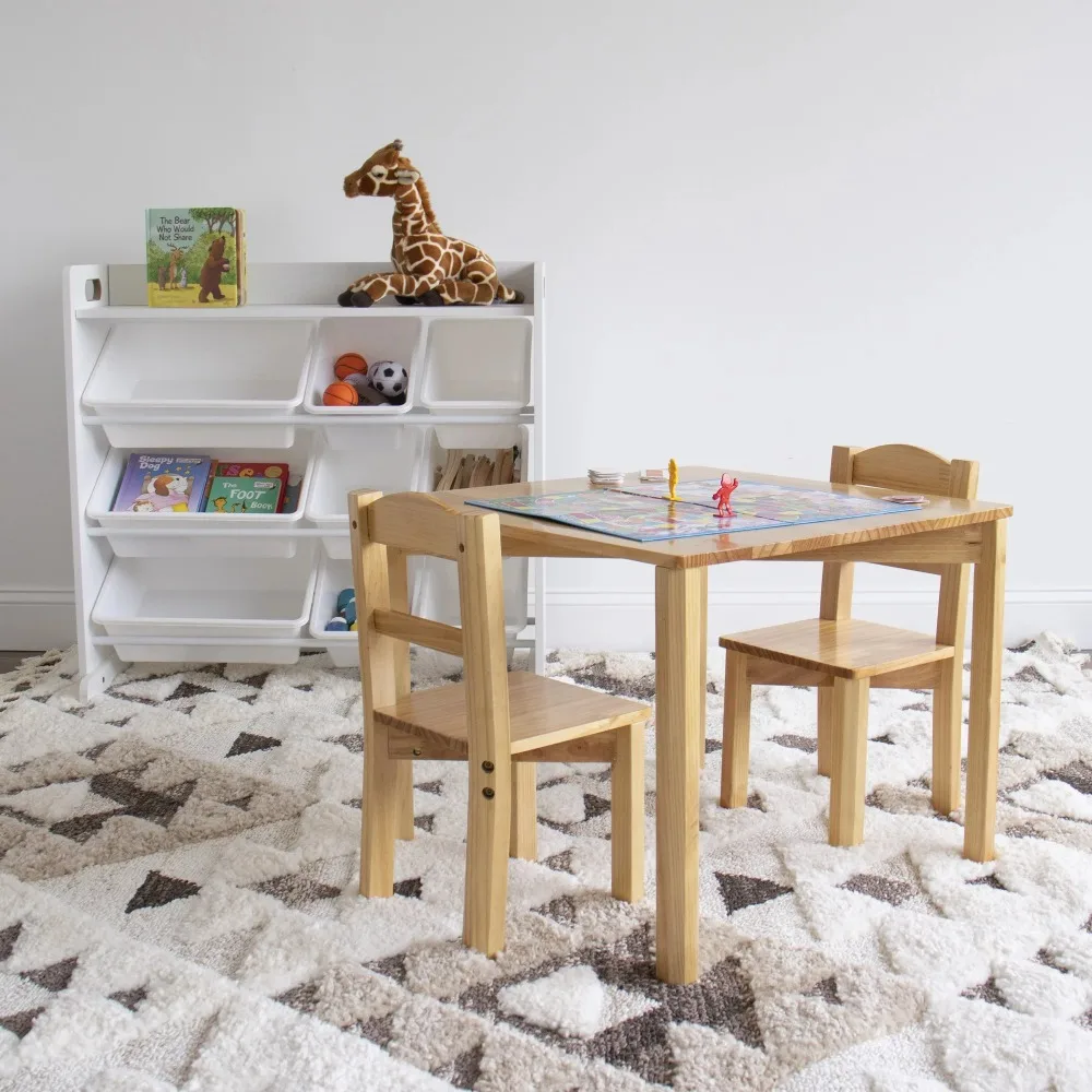 

2024 New Child Real Wood Table and 2 Chairs Set, Natural Honey Wood Grain