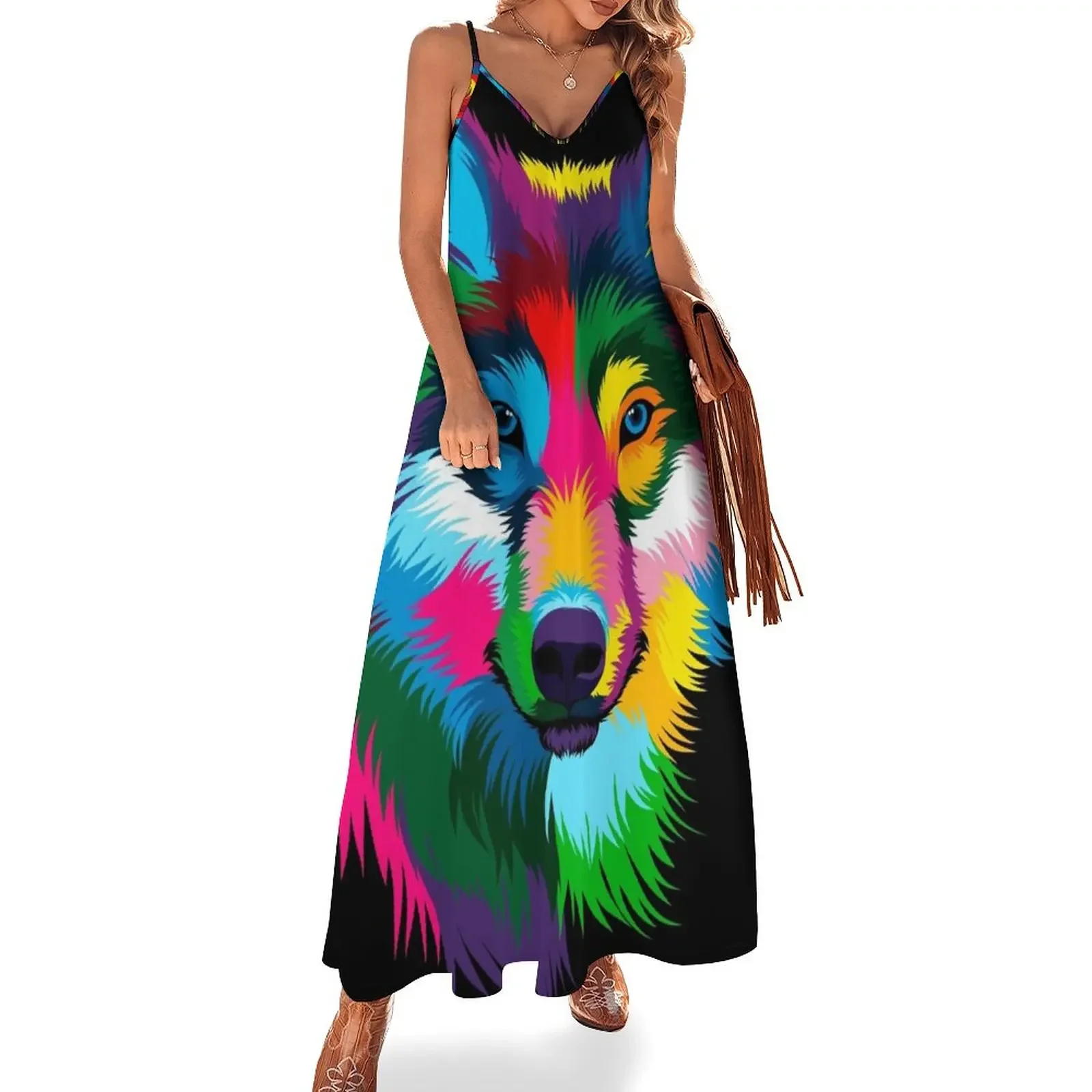 

Wolf Head portrait Multicolored Drawing Sleeveless Dress elegant party dresses for women 2025 dresses for womens