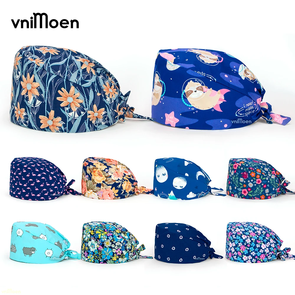 vnimoen Blue series Unisex Nursing Scrub Cap gorros quirurgicos Print Nurse Hat Nurs Cap Adjustable Surgical Cap Wholesale price