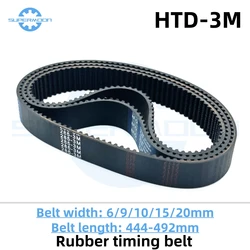 HTD 3M Timing Belt Length 444 447 450 453 456 459 462 465 468 471 474 477 480 483 486 489 492mm Width 6-20mm Transmission Belt