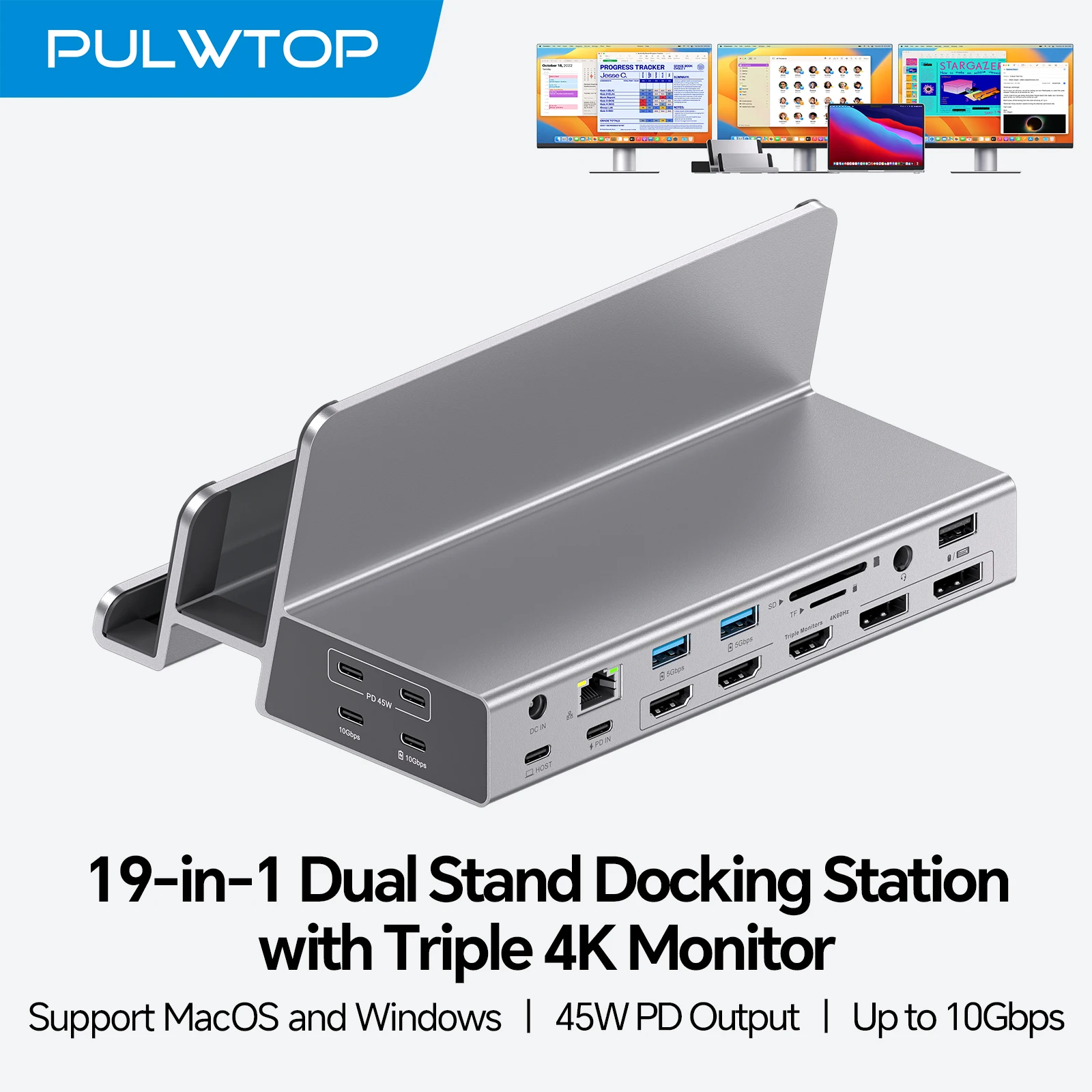 PULWTOP Laptop Docking Station 3 Monitor with 100W PD, 3 HDMI + 2 DP 4K, 2 USB A/C Data/Charging, Ethernet(Driver Required)