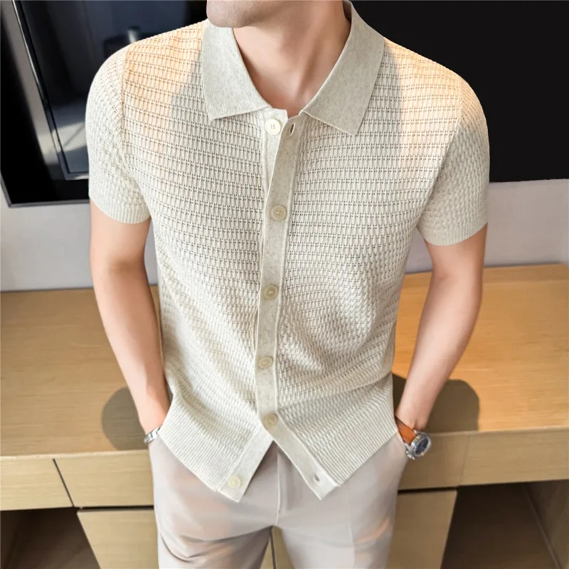 British Style Knitted Cardigan Men's Solid Color Short Sleeved Casual Polo Shirt Elastic and Breathable Business Social T-shirt