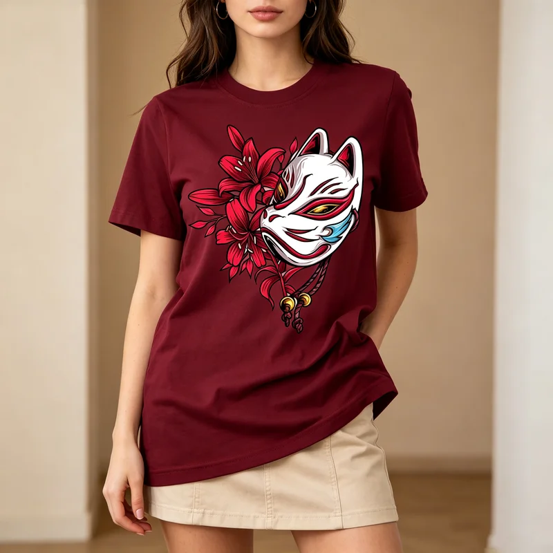 Japanese Fox Mask Tee Red Flower Art Print Womens Casual Short Sleeve T Shirt Unisex 100%Cotton  Harajuku  Oversized Tee