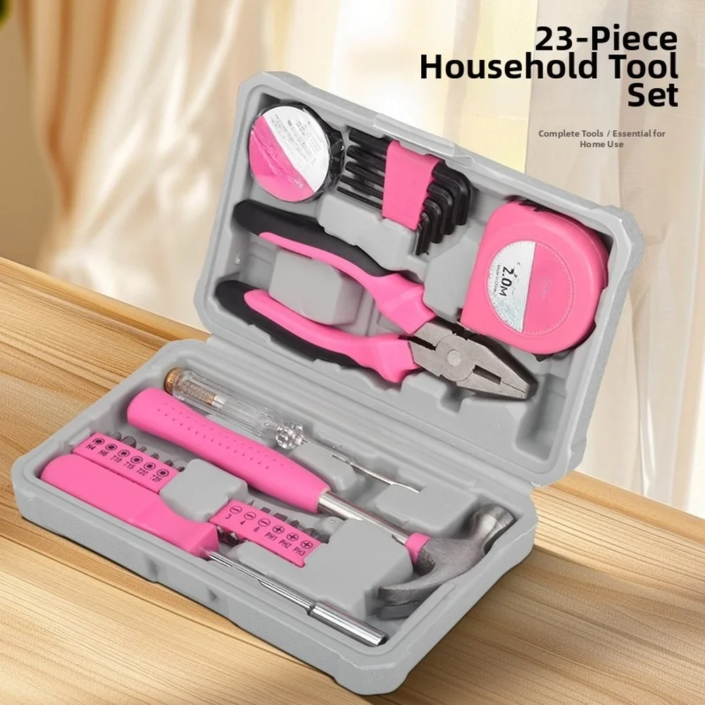 pink-heavy-duty-household-tool-kit-13-or-23-piece-multi-function-hand-tool-set-for-home-repairs-with-portable-storage-case