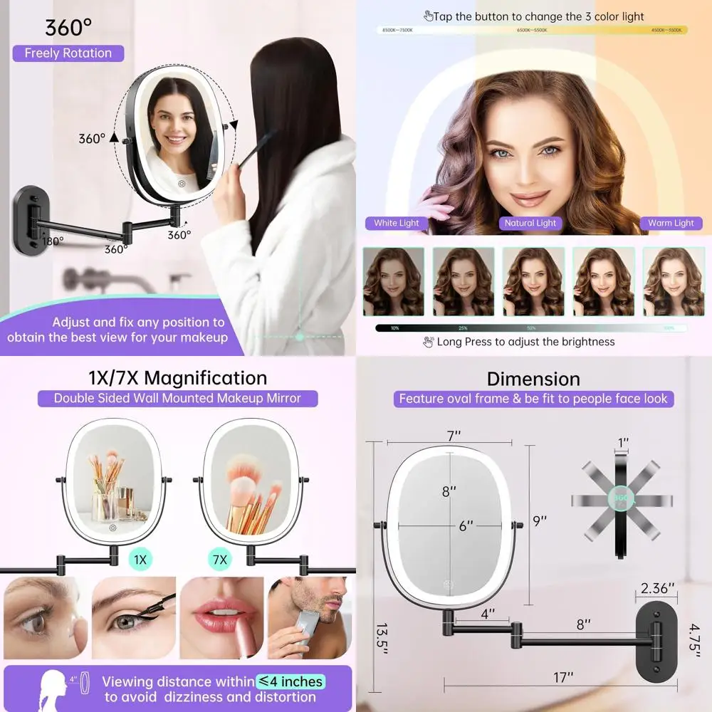 Doppelseitiger LED-Kosmetikspiegel mit 1-facher/7-facher Vergrößerung, verstellbarer Beleuchtung, ausziehbarem Arm, ovales Design in Kohleschwarz