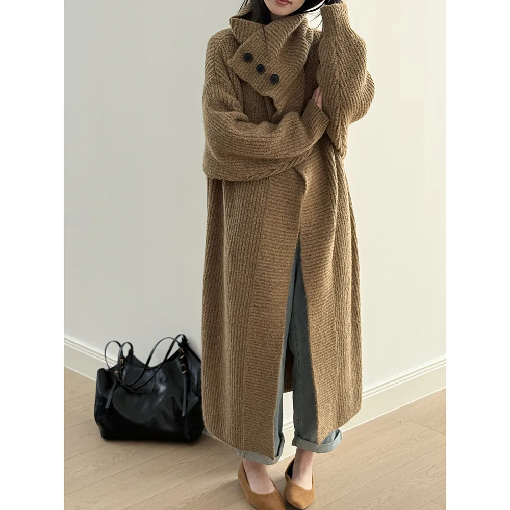 SuperAen Korean Style Oversize Turn-down Collar Long Knitted Cardigan for Women's 2025 Winter New Loose Solid-color Sweater Coat