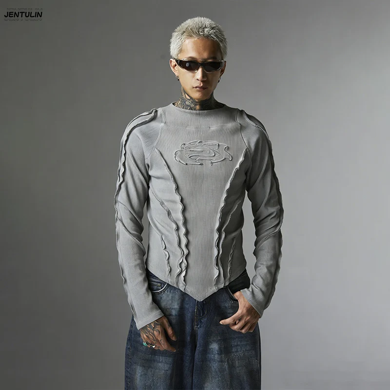 Aesthetics High Street Trendy Brand Waste Soil Style Washed Craftsmanship Deconstructed V-Neck Design Street Fashion Long Sleeve