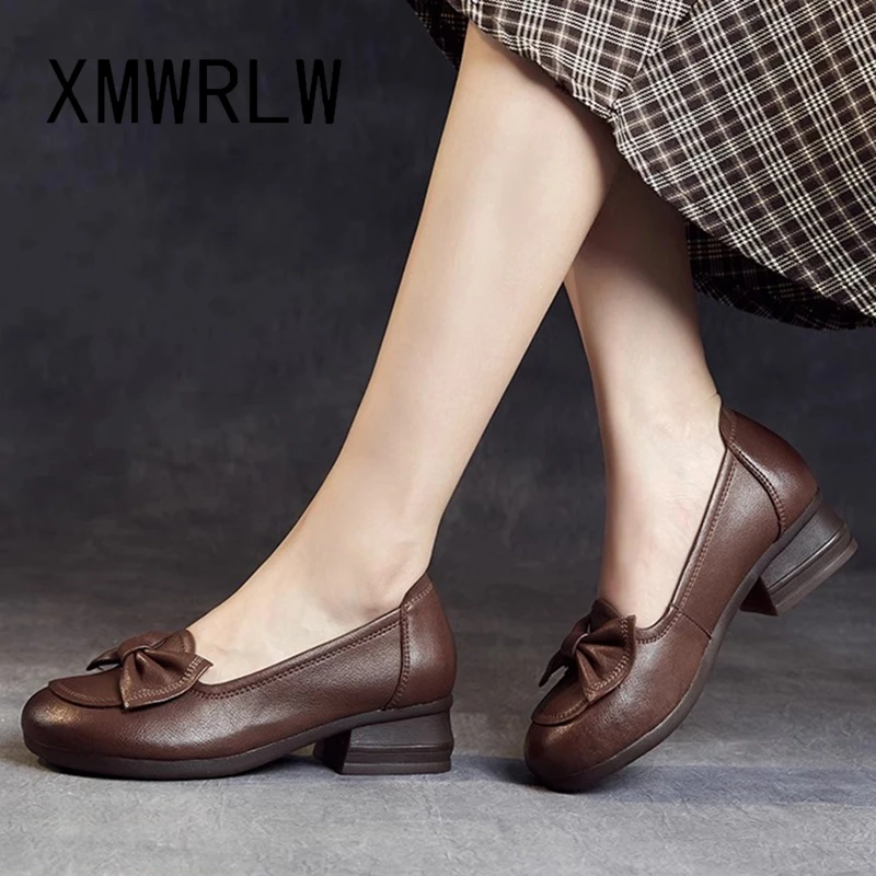 

XMWRLW Women's Pumps 2023 Spring Autumn Genuine Leather Square Heel Ladies Pumps Women Retro Style Shoes Non-Slip Autumn Shoes