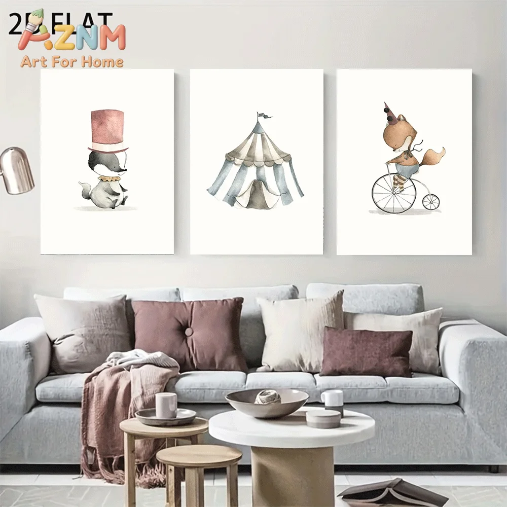 AZNM Watercolor Circus Theme Skunk Fox Canvas Wall Art, Cute Animal Tent Vintage Bicycle Neutral Soft Tone Print Painting for Ba