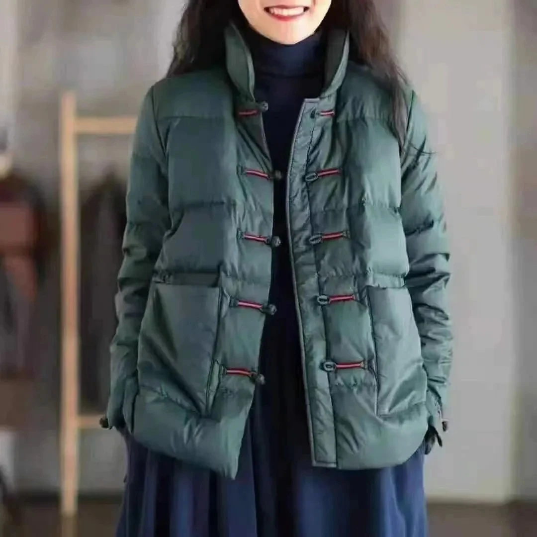 

Chinese retro women down cotton jacket Vintage Single-breasted Quilted Coat stand collar Lightweight Parka Windproof outwear