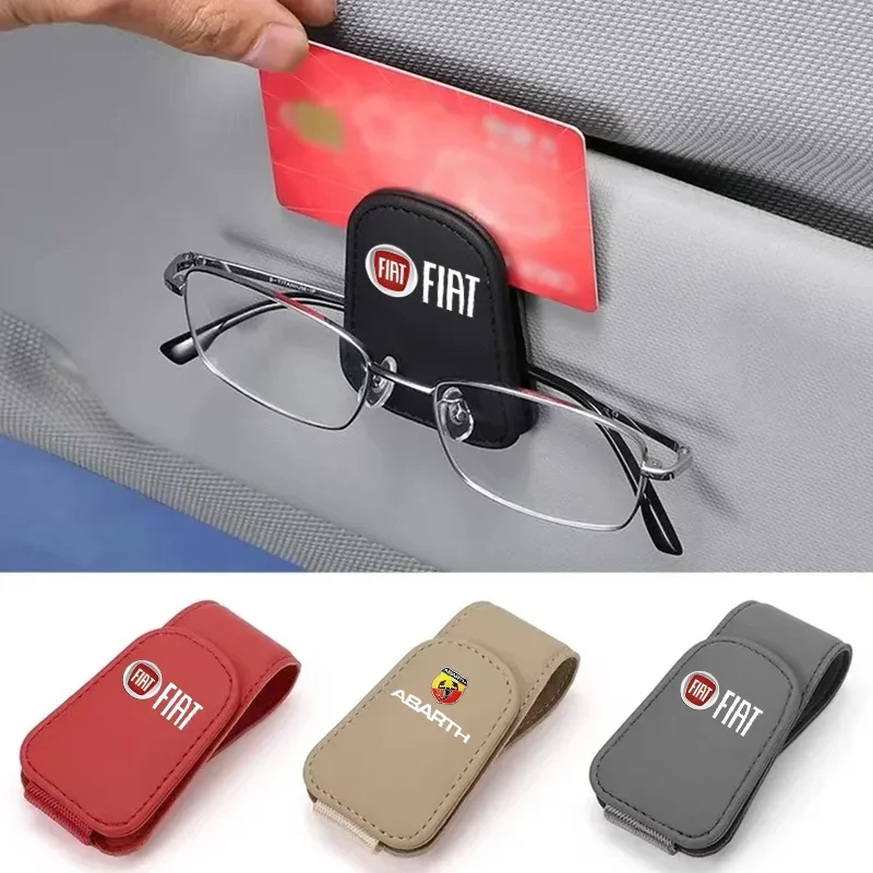 

1Pc Car Sun Visor Glasses Clip, Leather Multi-Function Card Holder & Sunglasses Case for Fiat 500e Tipo 500 500x Panda Abarth