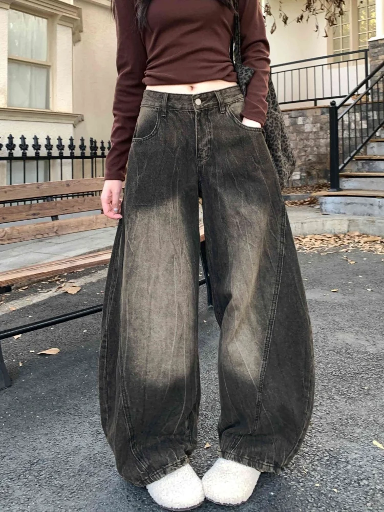 2025 Cyber Y2K Streetwear Pantaloni jeans da donna neri vintage invecchiati per abbigliamento donna Pantaloni lunghi in cotone Harajuku a gamba larga