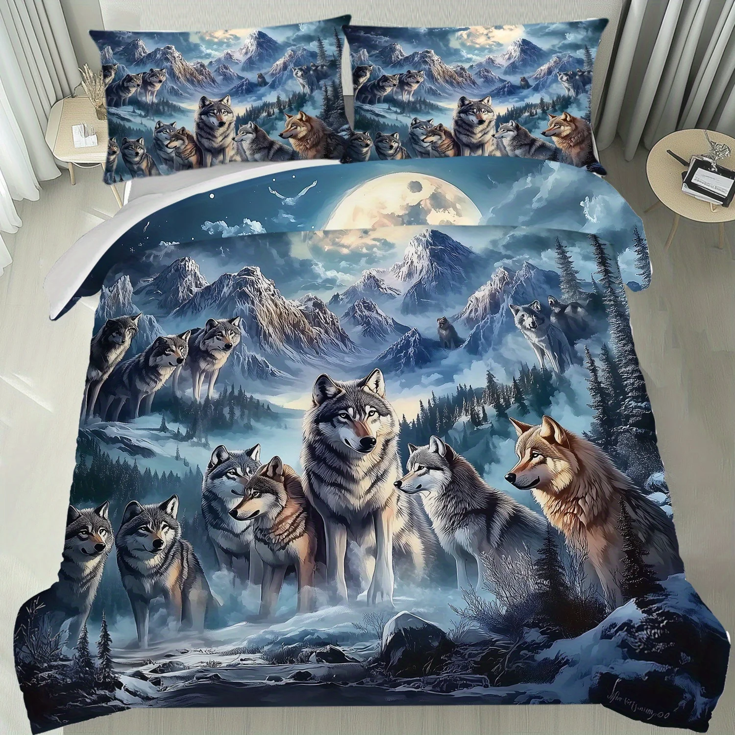 Set of 3pcs Featuring a Design of Wolves on a Snowy Mountain Duvet Cover Set, Comprising This Bedding Is Machine Washable