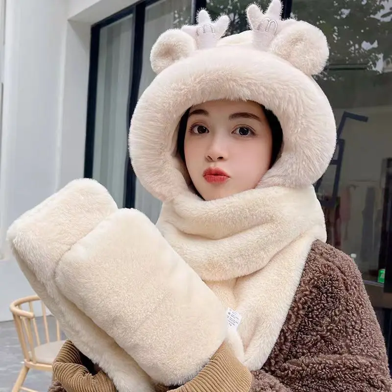 Winter Hat Scarf Gloves Integrated Thickened Warm Plush Hat