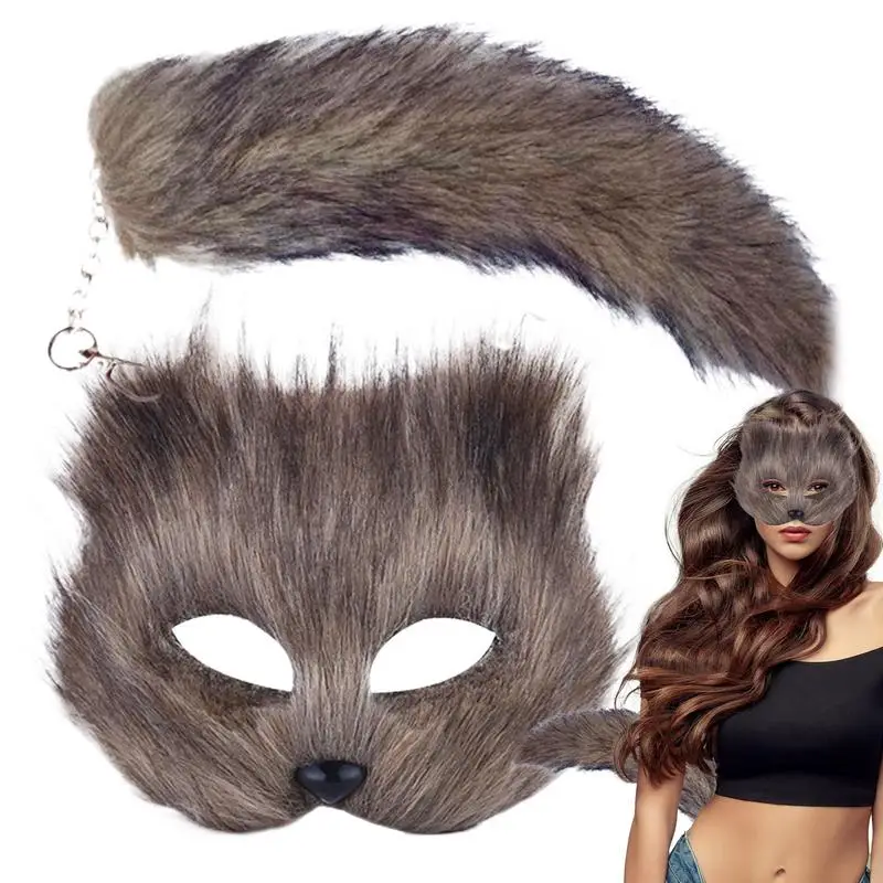 Animal Mask and Tail Set Halloween Cosplays Costume Accessorie Cats Mask Tail Half Face Faux Furs Foxes Tail Cats Mask