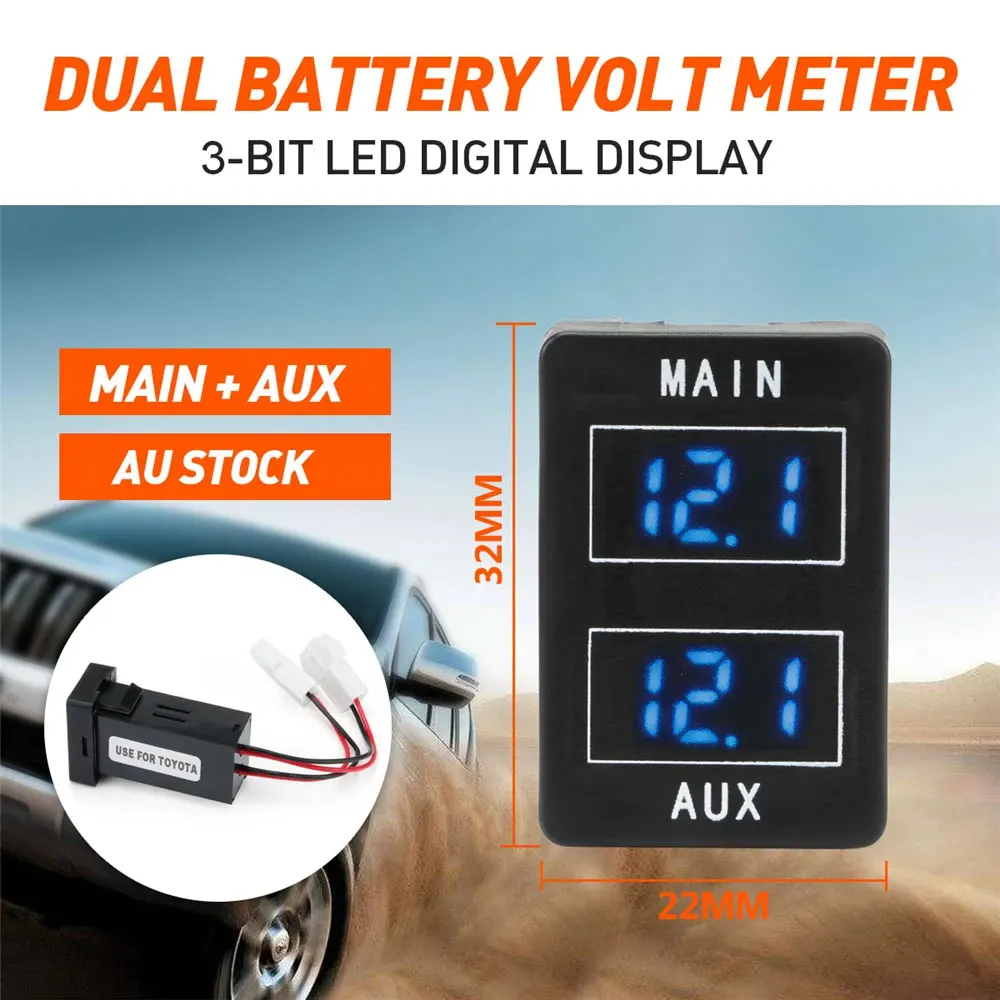 For Toyota Prado 150 Landcruiser 200 Series MY16 Hilux 32x22mm Black Main AUX Car Dual Battery Volt Meter 12V-24V