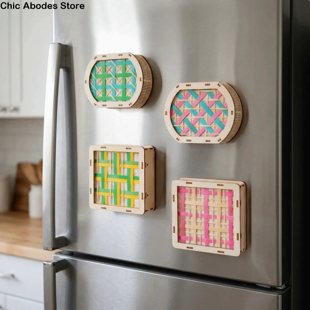 Chinese Style Bamboo Woven Refrigerator Magnet Colorful DIY Material Kit Mid-Autumn Festival Lantern Handmade with Led Light