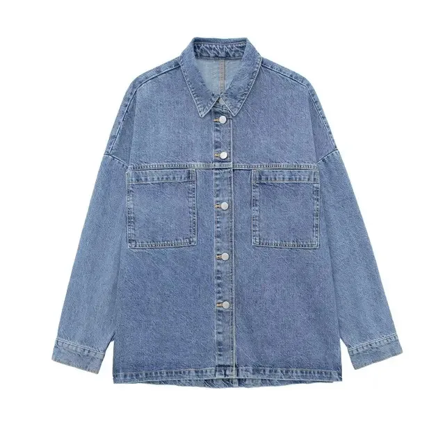 New Women Denim Coat Fashion Long Sleeves Loose High Turn Down Collar Top Female Pocket Decoration Jacket Street Wear