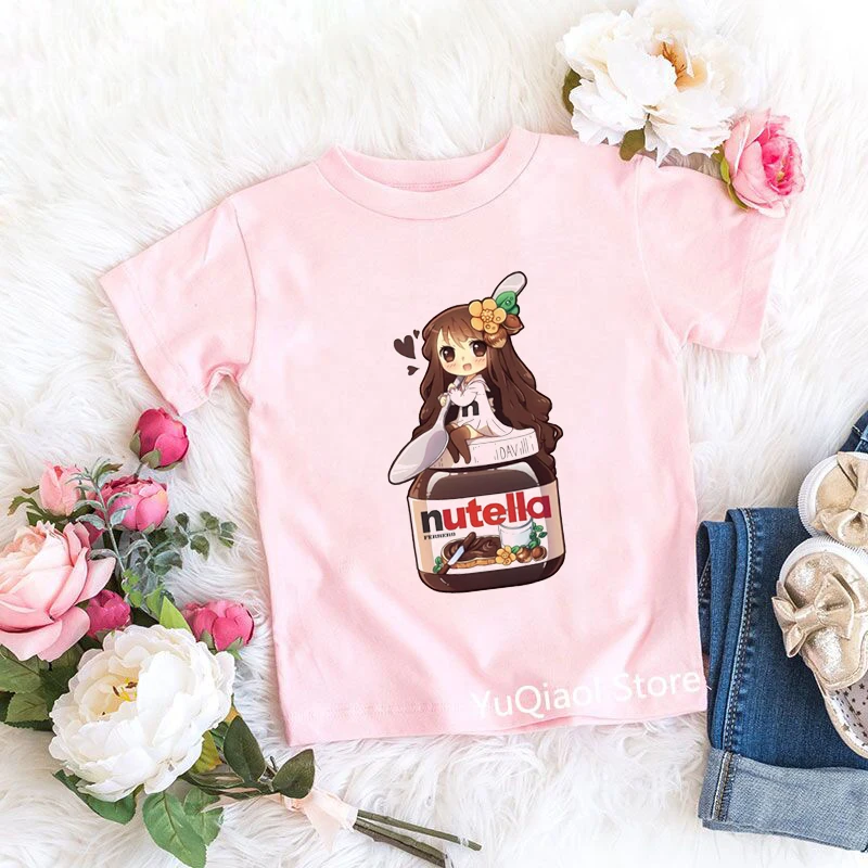 

New Kawaii Anime Nutella Baby Girls Pink T-Shirt Summer Short Sleeve Top Children Lovely Clothes Kids Tshirts Tee 3-13 Year