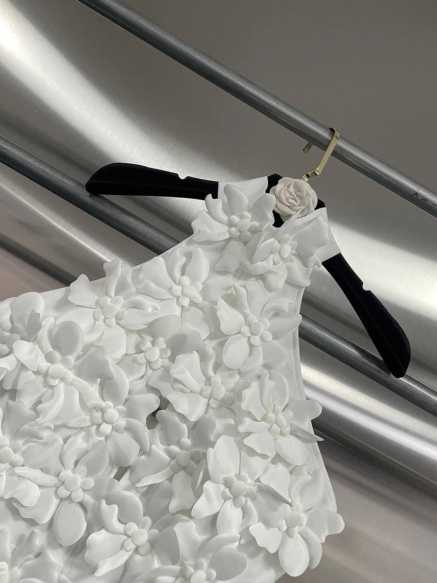 Vestido Feminino CHICEVER com Flores 3D em Camadas, Sem Mangas, Elegante e Intelectual, Moda de Verão Nova