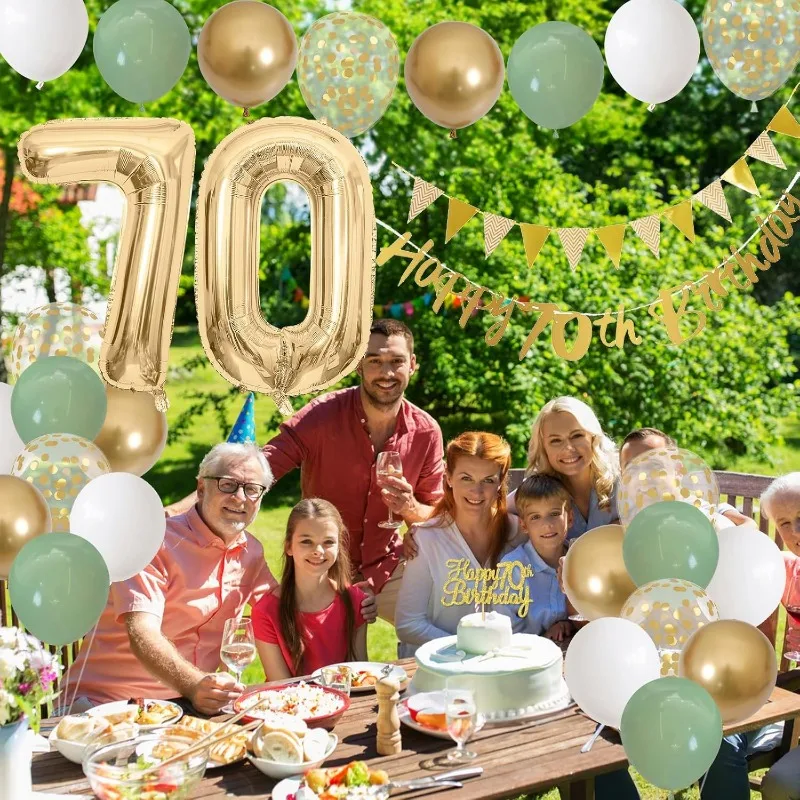 Salbeigrün, Gold, Weiß, 70. Geburtstag, Dekorationen für Geburtstag, Luftballons, alles Gute zum 70. Geburtstag, Banner, Kuchendekoration, 70-jähriges Dekor – Detail 3