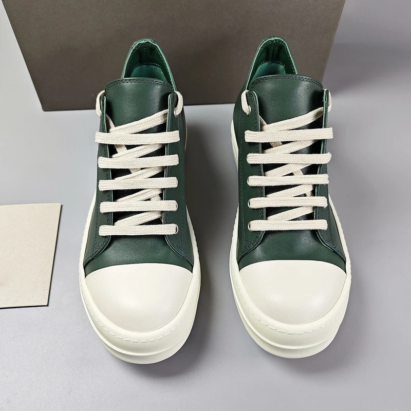 Male Sneakers Leather Shoes for Men Green Solid Couple Shoes O-wen Lace-up Streetwear Women's Sneakers