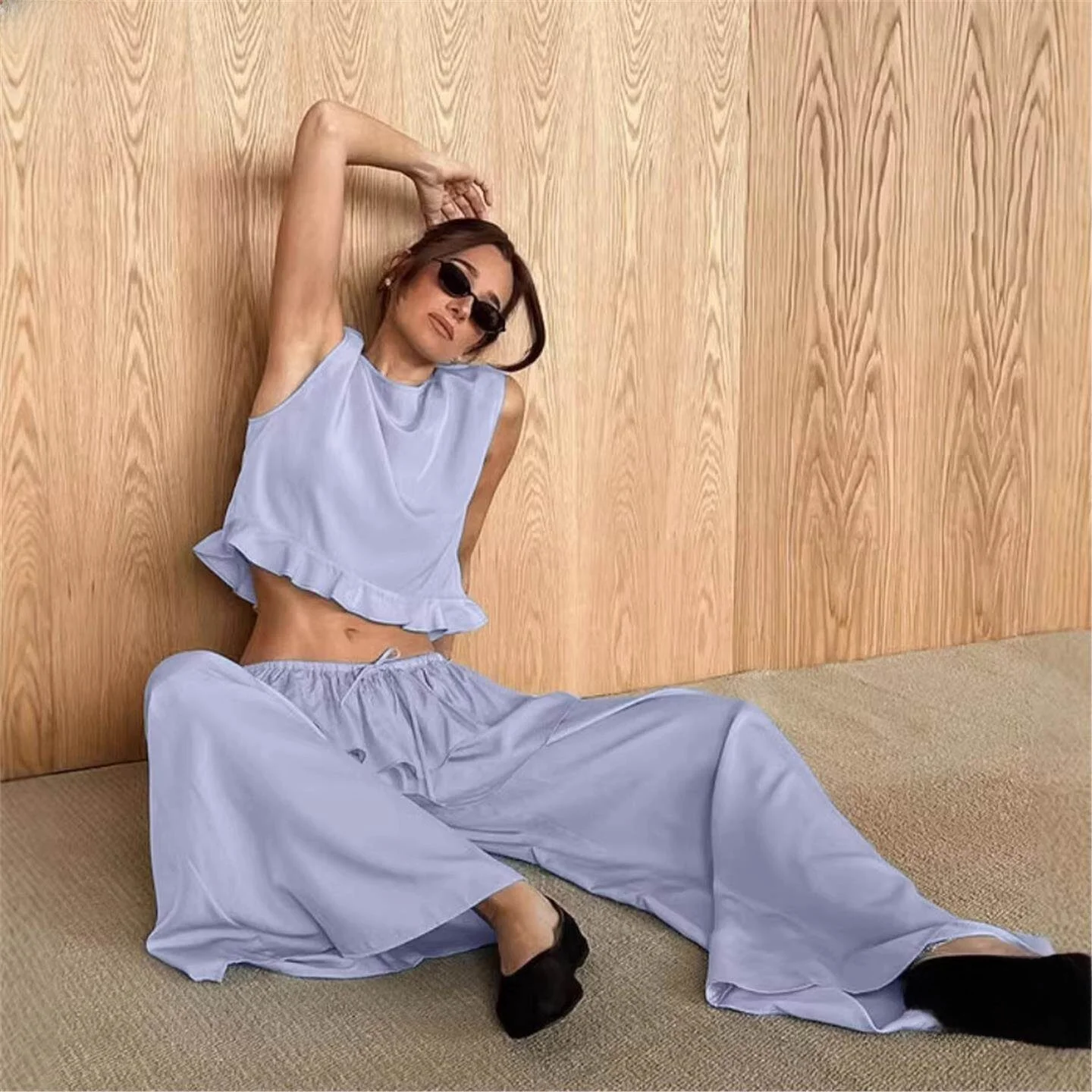 

Spicy Girl Summer Women's Outfit Belly Button Exposure Vest Cake Skirt Hem Splicing Long Pants Set Fashionable Casual Ensemble