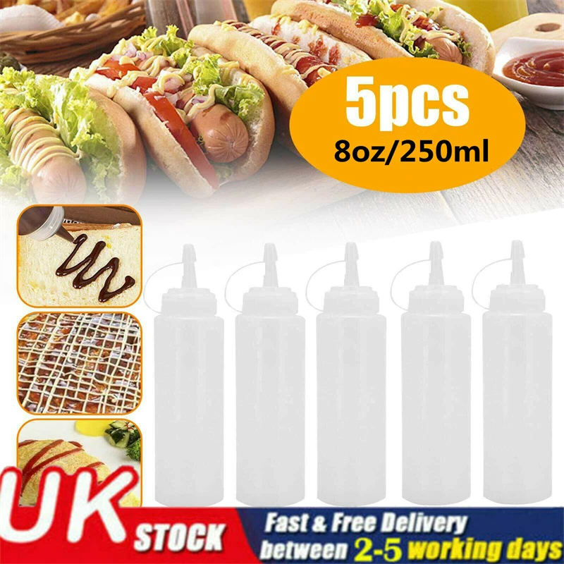 5pcs 240ml Squeeze Condiment Bottles with Nozzles Ketchup BBQ Sauces Olive Oil Bottles Dispenser Squeeze Bottle Kitchen Gadget