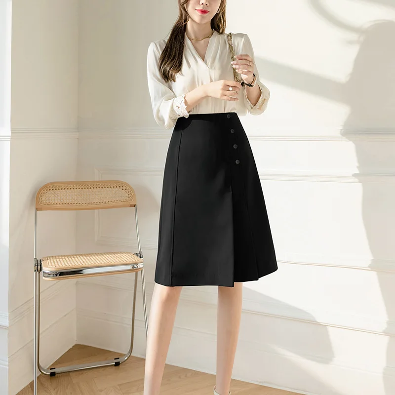 A Line Skirt Women Solid Color Casual Fashion Spring Summer Office Ladies Skirts High Street Simple OL Vintage Saias