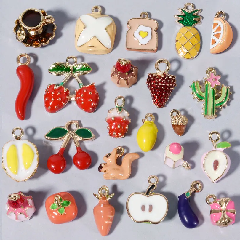 6/24 Uds. Nuevo colgante esmaltado de café y postre, dijes de chile/fresa/cereza para fabricación de joyería, accesorios para collar y pulseras Diy