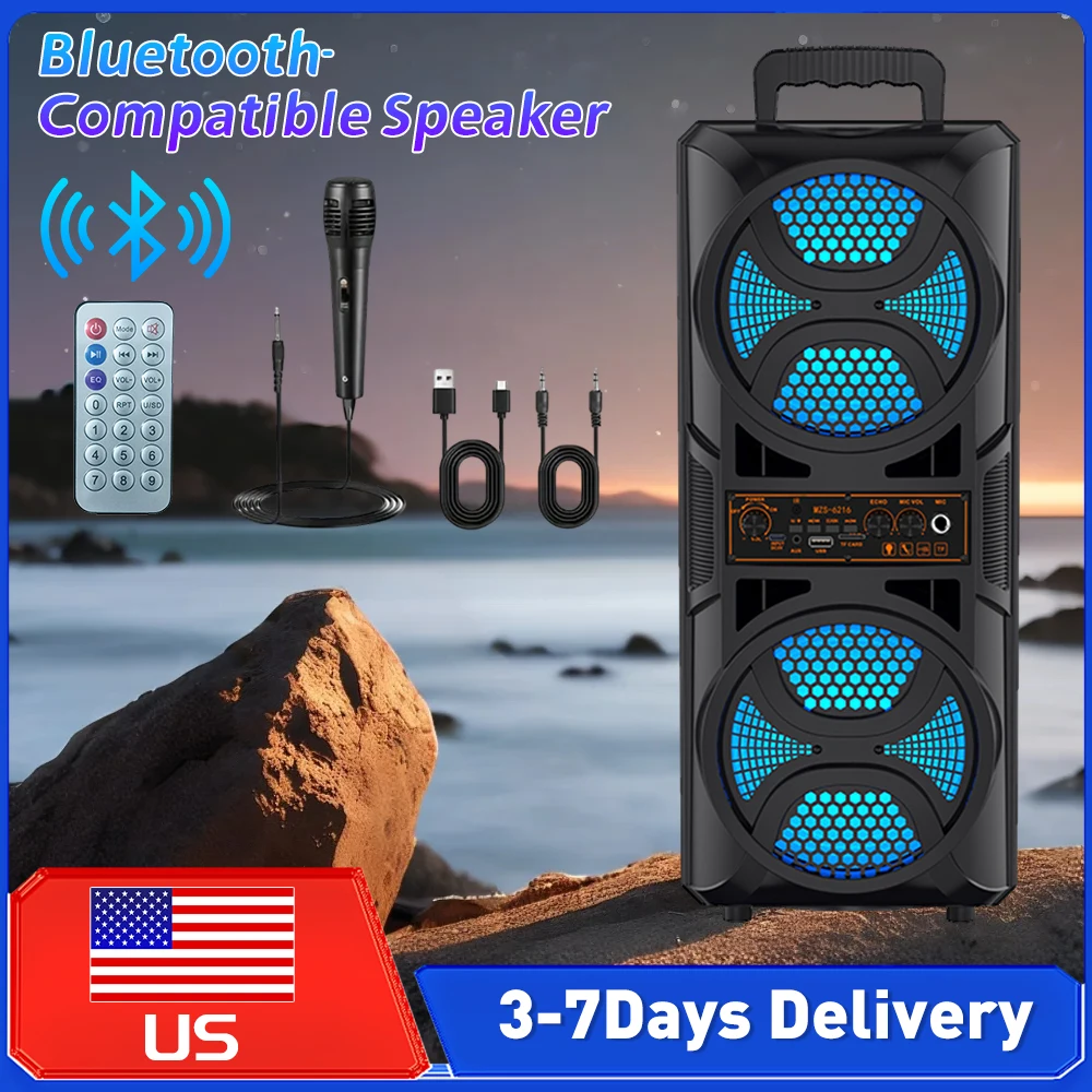

Bluetooth-совместимая колонка с двойным сабвуфером, глубокими басами, LED-подсветкой, поддержкой USB/TF/AUX/FM/BT/MIC, TWS, мощный бумбокс для вечеринок и дома