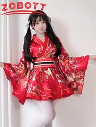 Japanese Traditional Kimono Robes Girls Kawaii Floral Printed Yukata Suit Lovely Lolita Dress Haori Women Anime Cosplay Costume