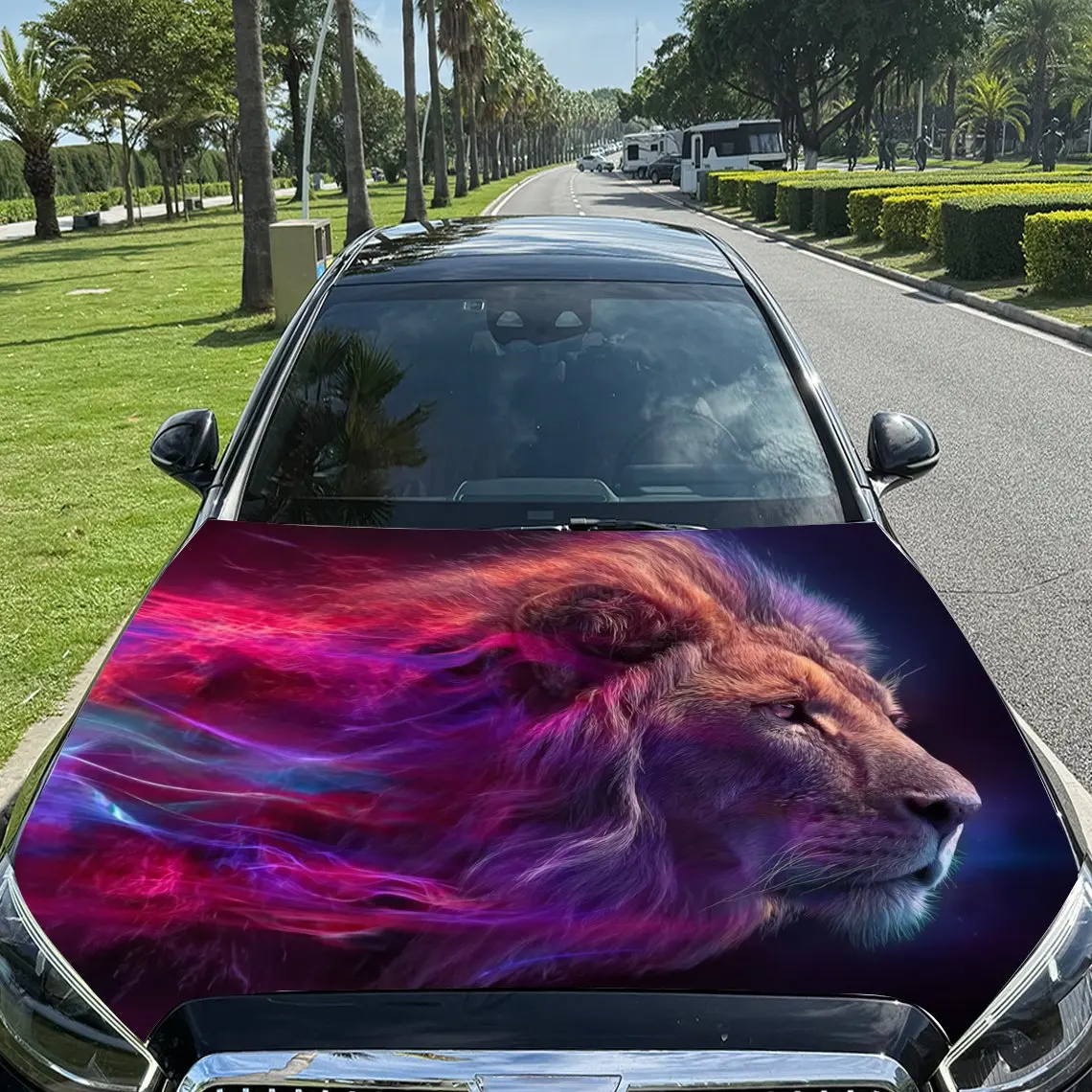 Neon Lion Pattern Car Hood Stickers,Durable PVC Vinyl Packaging,Enhanced Protection And Style,Easy To Apply And Disassemble,Suit