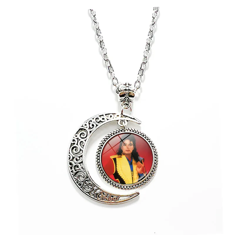 Retro The King Pop Michael Jackson Handmade Glass Lover Graphic The Moon Necklace Angel Wings Pendant MJ Necklace Jewelry Gift