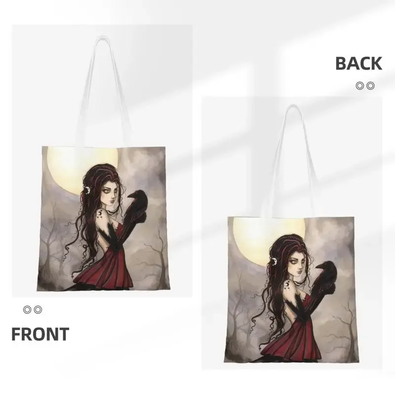 Kawaii The Raven Gothic Fantasy Woman Full Moon By Molly Harrison Shopping Tote Bag Canvas Grocery Shoulder Shopper Bag