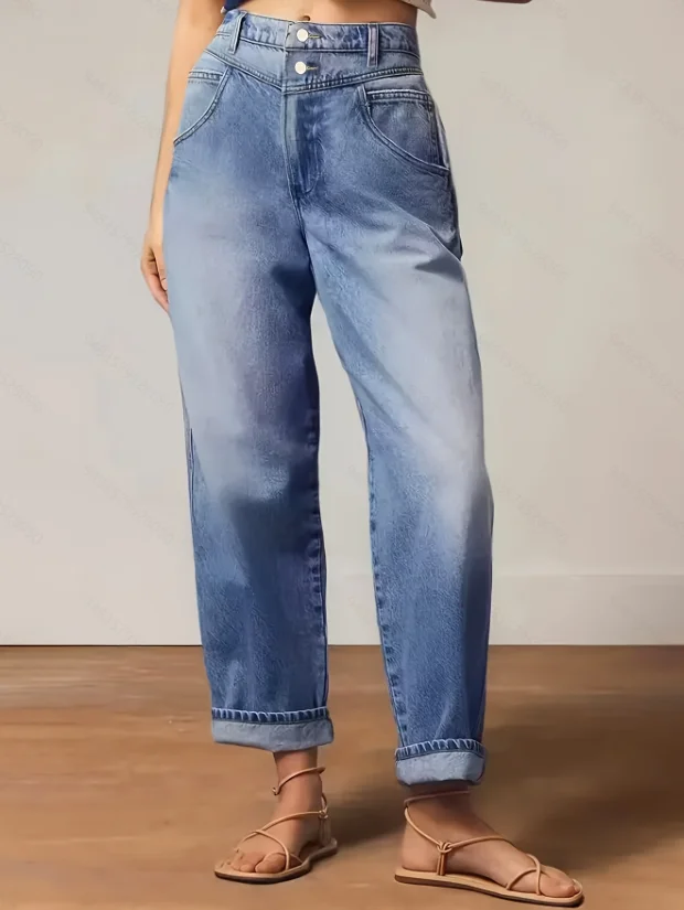 

Double-button high-waisted gradient loose-fit jeans for women