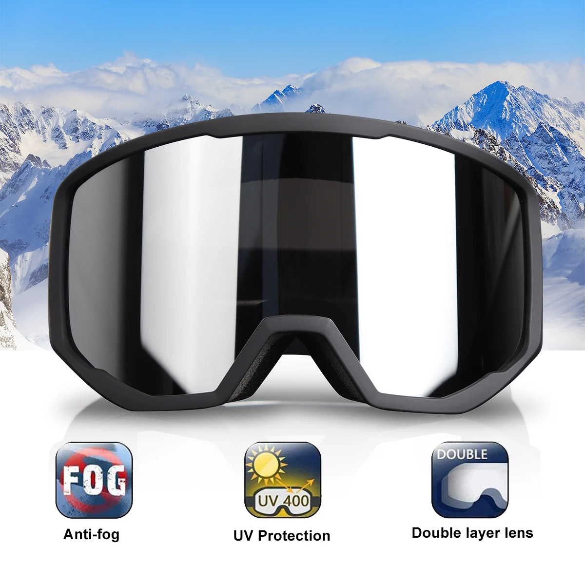 Snowboarding Ski Goggles for Men and Women, Anti Fog, UV 400 Protection, OTG Winter Snow Goggles Over the Glasses, Youth