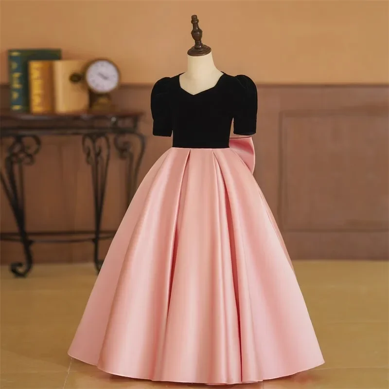 Boutique Girls Dress Bubble Sleeves 2025 New Satin Simple Birthday Princess Dresses Piano Host Stage Performance Elegant Dress