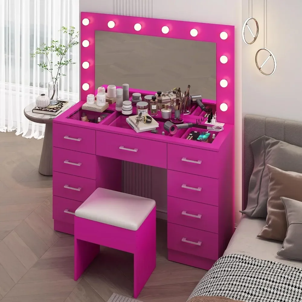 

Makeup Vanity Desk with Mirror and Lights, Dressing Table with 9 Drawers & Padded Stool, Makeup Table with Glass Top。