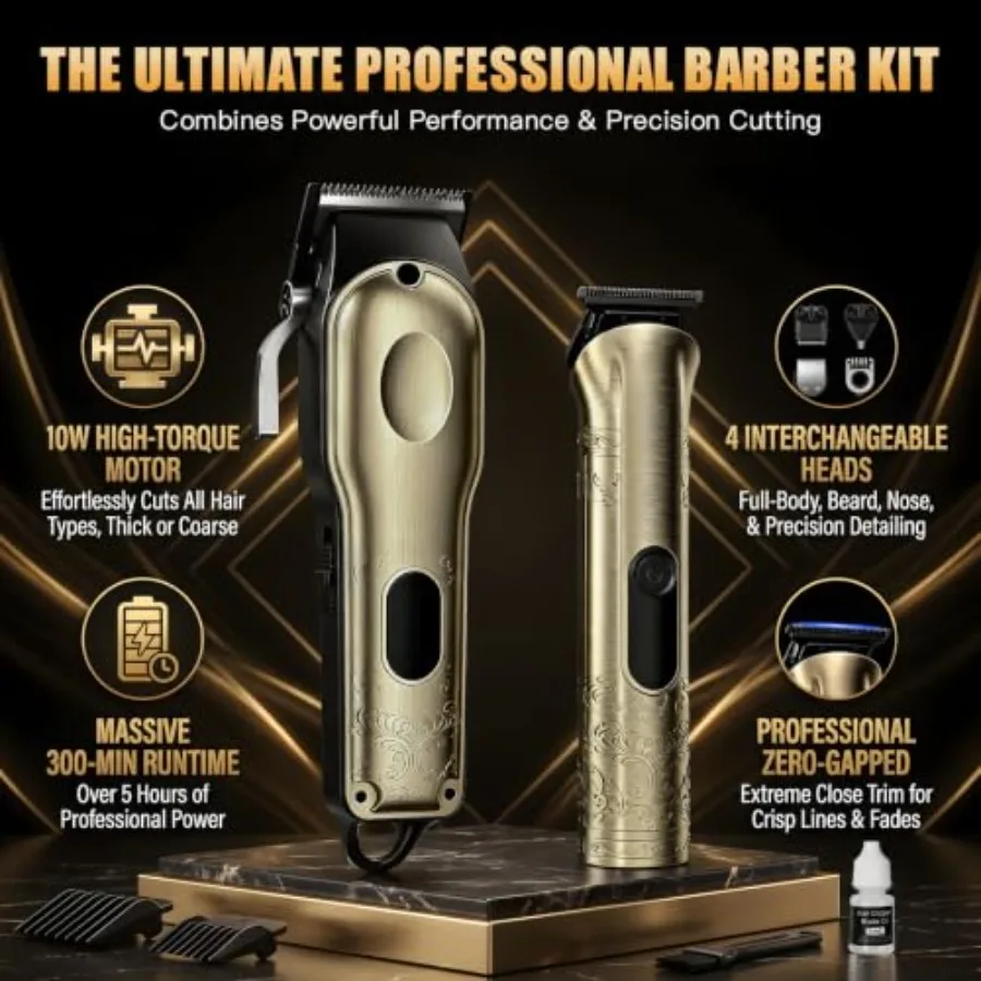 Professional Hair Clipper for Men: Stainless Steel T-Blade, Black, Zero-Gap Precision Cutting for Beard, Mustache Hair Grooming