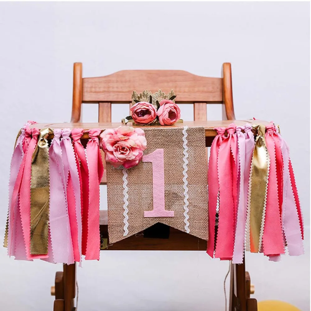 2023 High Quality Baby First Birthday Pink Chair Banner ONE Year 1st Birthday Party Decoration Boy Girl Bunting Supplies