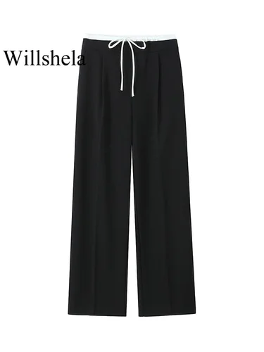 Imagen 2 del producto Willshela, Pantalones rectos con cremallera lateral y cordones lisos a la moda para mujer, pantalones Vintage de cintura alta elástica, pantalones elegantes para mujer