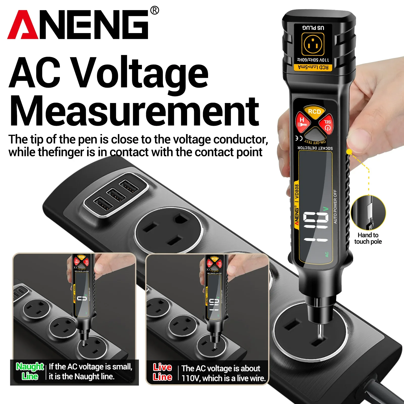 ANENG VD808 Socket Line Voltage Tester 2-440V AC/DC 30mA Leakage Polarity Detector with Flashlight Data Hold Low Battery Alert