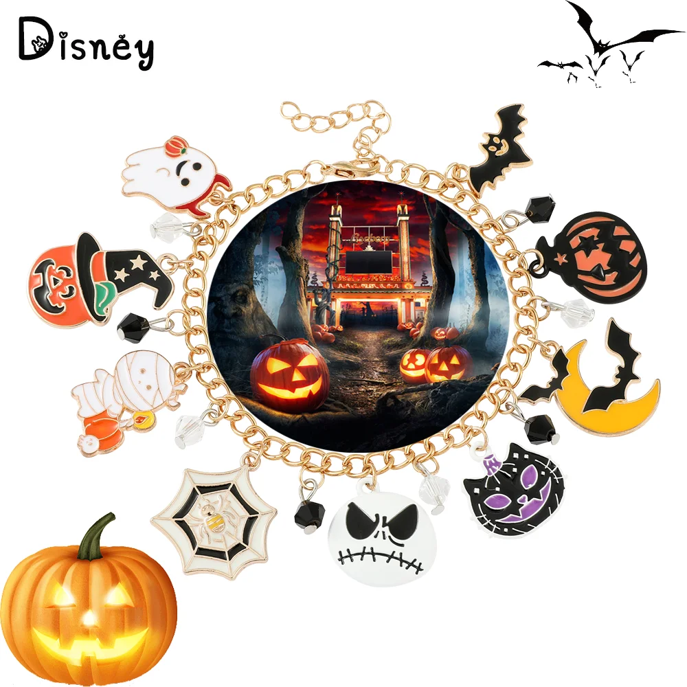 Disney Halloween Fashion Bracelet Jack Skellington Pumpkin Bat Charm Handmade Bangle Halloween Accessories Creative Jewelry