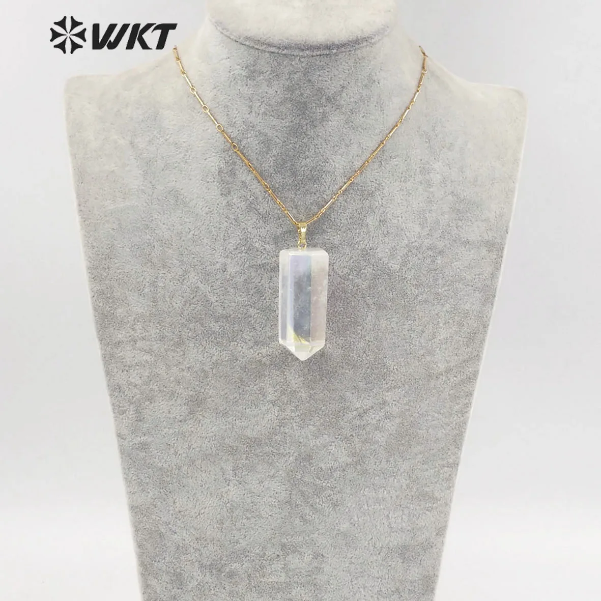 

WT-N1390 Amazing Healing Aura Crystal Quartz Point Necklace Simple Hoop Angel Color Stone Hexagona In Gold Decoration